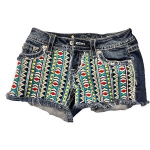 Miss Me Womens Denim Cut Off Shorts Aztec Embellished Sequin Embroidered Size 26